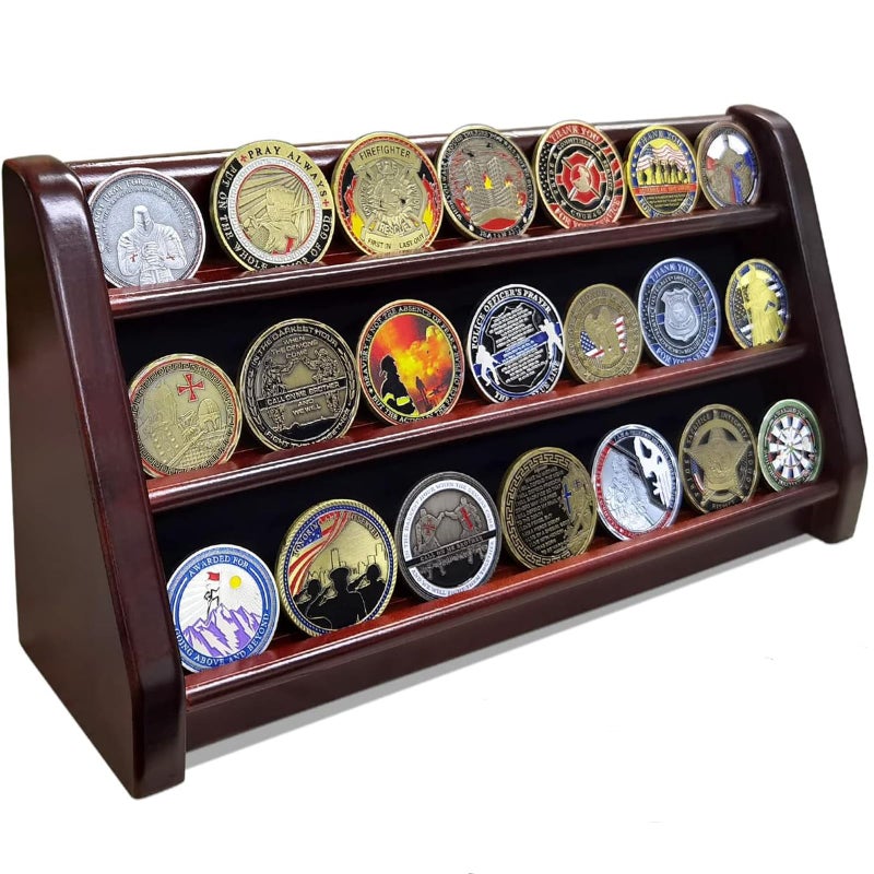 ASmileIndeep 3 Rows Wooden Challenge Coin Wall Display Stand - Military Coin Holder Army Coins Rack, Holds 21-24 Coins, Mahogany - Image 1